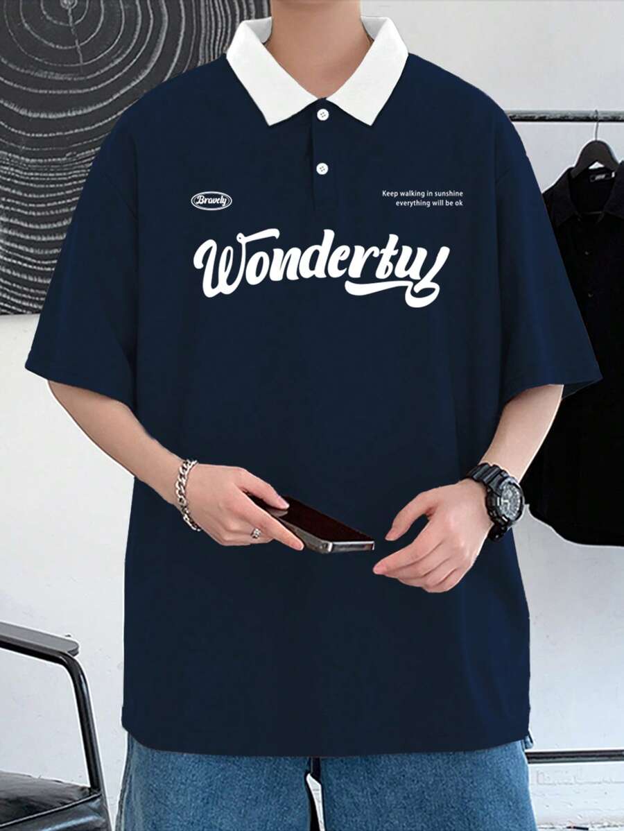 Aesthetic Post--Men Slogan Graphic Contrast Collar Drop Shoulder Polo Shirt - Navy Blue - View 1