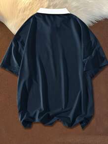 Aesthetic Post--Men Slogan Graphic Contrast Collar Drop Shoulder Polo Shirt - Navy Blue - View 2
