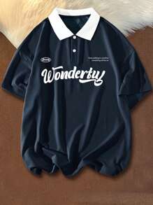 Aesthetic Post--Men Slogan Graphic Contrast Collar Drop Shoulder Polo Shirt - Navy Blue - View 3