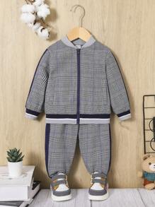 SHEIN Bimbo Giacca bomber con stampa quadri con zip & Pantaloni senza maglietta
