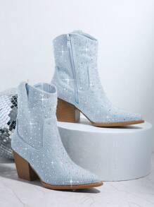 SHUZIA Botines con diamante de imitación dedo de pie puntiagudo tacón block - Azul - Ver 2