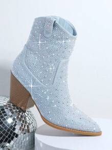 SHUZIA Botines con diamante de imitación dedo de pie puntiagudo tacón block - Azul - Ver 4