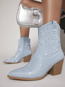 SHUZIA Botines con diamante de imitación dedo de pie puntiagudo tacón block - Azul - Ver 6