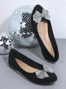 SHUZIA 水鑽&蝴蝶結裝飾仿麂皮芭蕾舞鞋 - 黑色 - 查看 1