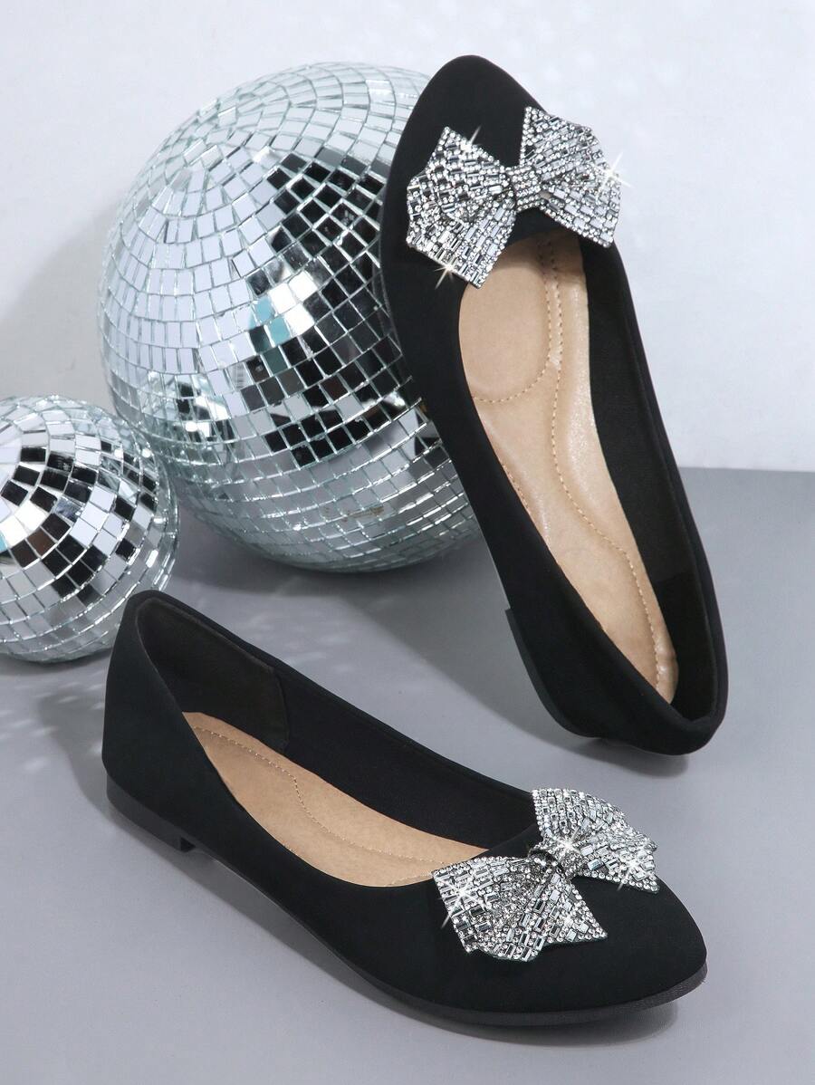 SHUZIA 水鑽&蝴蝶結裝飾仿麂皮芭蕾舞鞋 - 黑色 - 查看 1