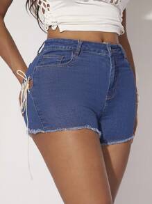 SHEIN SXY Lace Up Detail Denim Shorts - Medium Wash - View 5