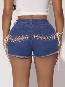 SHEIN SXY Lace Up Detail Denim Shorts - Medium Wash - View 6