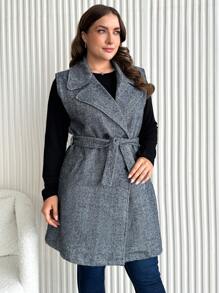 RueChic Plus Lapel Neck Belted Vest Coat - Blue and White - View 2