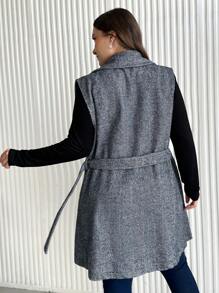 RueChic Plus Lapel Neck Belted Vest Coat - Blue and White - View 3