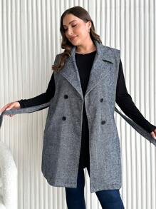 RueChic Plus Lapel Neck Belted Vest Coat - Blue and White - View 4