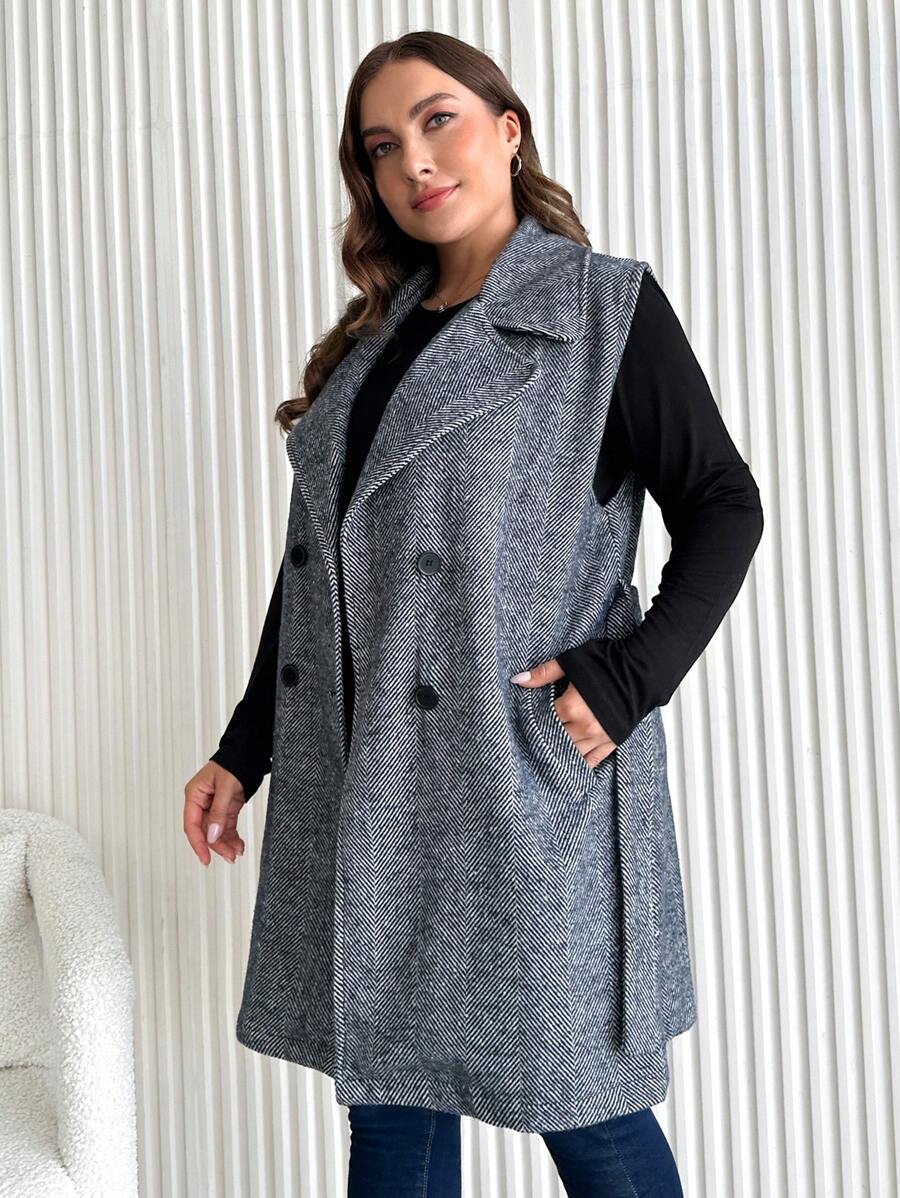 RueChic Plus Lapel Neck Belted Vest Coat - Blue and White - View 1