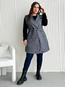 RueChic Plus Lapel Neck Belted Vest Coat - Blue and White - View 5