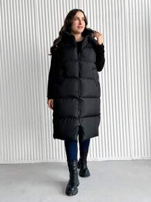 EURMUSE Plus Zip Up Hooded Puffer Vest Coat - Black - View 1