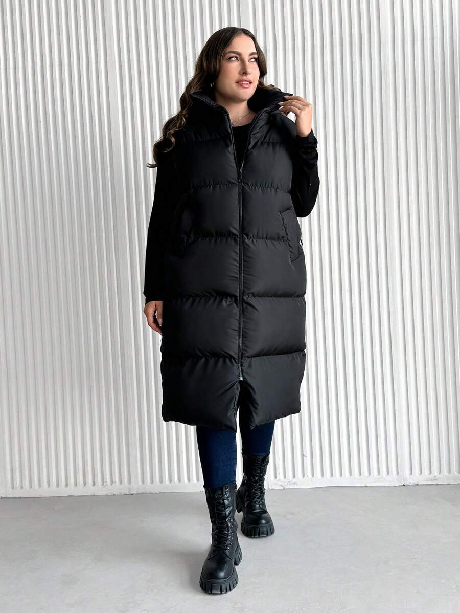 EURMUSE Plus Zip Up Hooded Puffer Vest Coat - Black - View 1