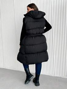 EURMUSE Plus Zip Up Hooded Puffer Vest Coat - Black - View 2