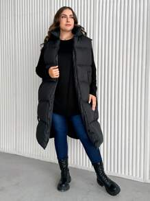 EURMUSE Plus Zip Up Hooded Puffer Vest Coat - Black - View 3