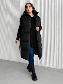 EURMUSE Plus Zip Up Hooded Puffer Vest Coat - Black - View 4