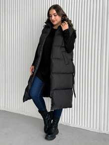 EURMUSE Plus Zip Up Hooded Puffer Vest Coat - Black - View 5