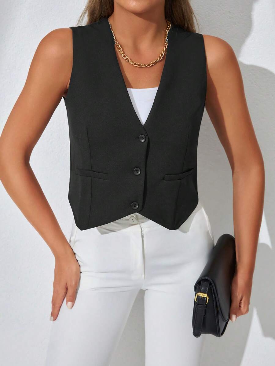 EURMUSE Solid Button Front Waistcoat - Black - View 1