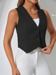 EURMUSE Solid Button Front Waistcoat - Black - View 3