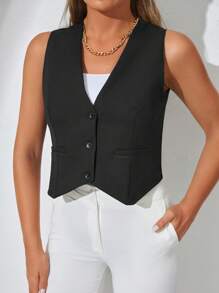 EURMUSE Solid Button Front Waistcoat - Black - View 4