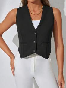 EURMUSE Solid Button Front Waistcoat - Black - View 5