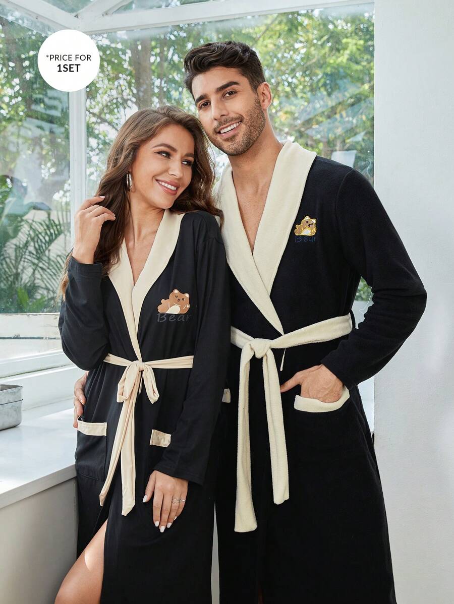 1 Miếng Đồ họa chữ cái  và phim hoạt hình Túi Kép Thắt lưng Trường bào mặc nhà - Đen và trắng - Xem 1