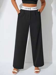 EURMUSE Letter Graphic Wide Leg Suit Trousers - Black - View 1