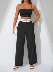 EURMUSE Letter Graphic Wide Leg Suit Trousers - Black - View 3