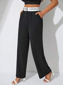 EURMUSE Letter Graphic Wide Leg Suit Trousers - Black - View 4