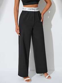 EURMUSE Letter Graphic Wide Leg Suit Trousers - Black - View 5