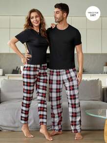 Men 1pc Solid Tee & 1pc Plaid Trousers PJ Set - Multicolor - View 1