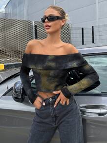 SHEIN ICON Top crop de tie dye doblado de hombros descubiertos - Multicolor - Ver 4