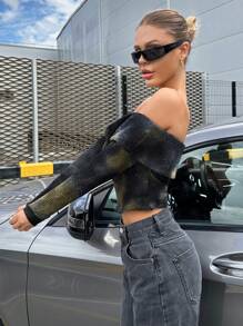 SHEIN ICON Top crop de tie dye doblado de hombros descubiertos - Multicolor - Ver 2