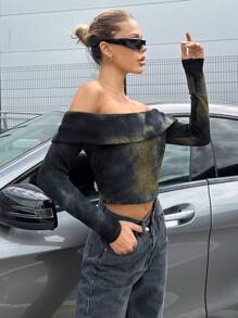 SHEIN ICON Top crop de tie dye doblado de hombros descubiertos - Multicolor - Ver 1