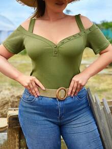 RueChic Plus Cold Shoulder Button Detail Tee - Army Green - View 2