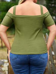 RueChic Plus Cold Shoulder Button Detail Tee - Army Green - View 3