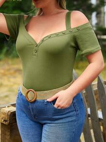RueChic Plus Cold Shoulder Button Detail Tee - Army Green - View 5