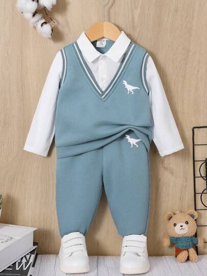 SHEIN 2 件装男女通用男婴卡通动物印花二合一撞色上衣和纯色裤子套装，加厚羊毛