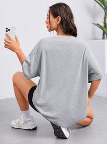 SHEIN EZwear Áo thun nữ Lá thư Nhiệt đới Giải trí - Màu Xám nhạt - Xem 2