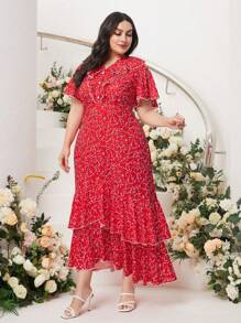 Modelyn Plus Allover Print Ruffle Trim Dress Without Belt - Red - View 1