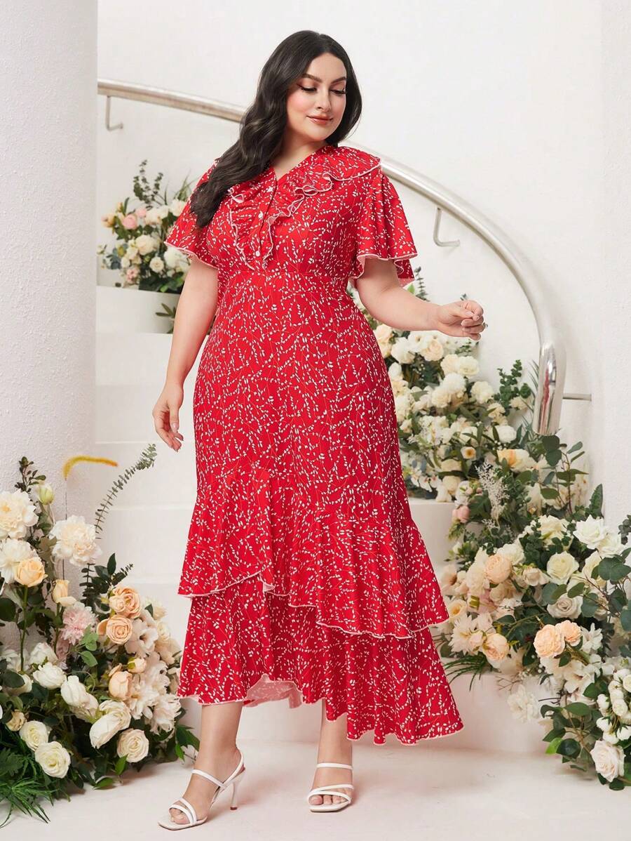Modelyn Plus Allover Print Ruffle Trim Dress Without Belt - Red - View 1