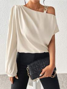 Chiquease Cổ không đối xứng Chi tiết chuỗi Áo sơ mi - Màu be - Xem 3