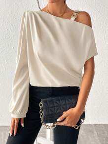 Chiquease Cổ không đối xứng Chi tiết chuỗi Áo sơ mi - Màu be - Xem 5