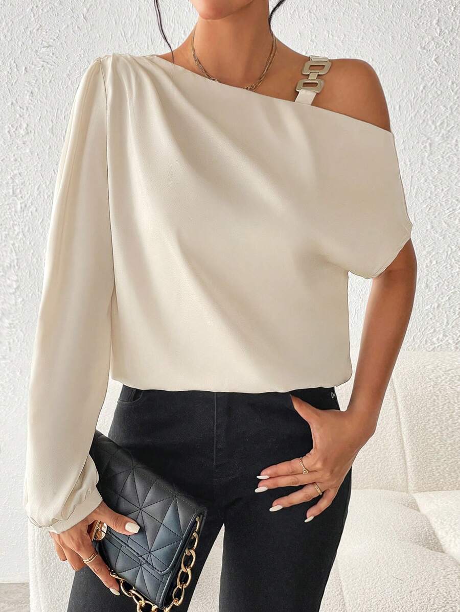 Chiquease Cổ không đối xứng Chi tiết chuỗi Áo sơ mi - Màu be - Xem 1