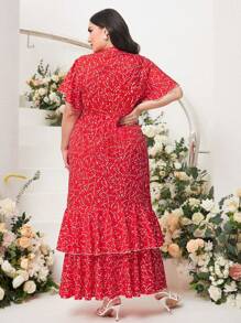 Modelyn Plus Allover Print Ruffle Trim Dress Without Belt - Red - View 2