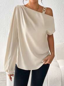 Chiquease Cổ không đối xứng Chi tiết chuỗi Áo sơ mi - Màu be - Xem 6