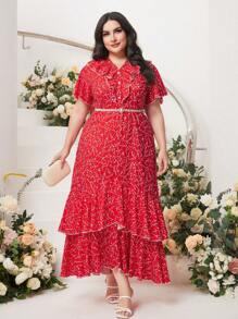 Modelyn Plus Allover Print Ruffle Trim Dress Without Belt - Red - View 3
