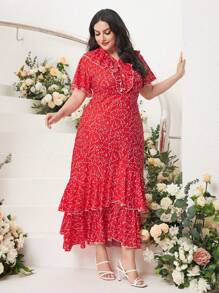 Modelyn Plus Allover Print Ruffle Trim Dress Without Belt - Red - View 4