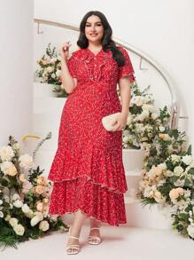 Modelyn Plus Allover Print Ruffle Trim Dress Without Belt - Red - View 5